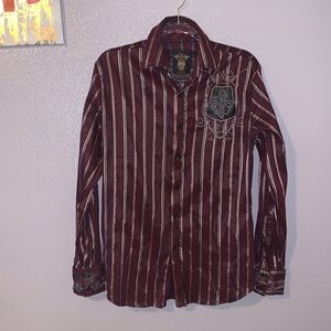 El General Western Satin Red Striped Embroidered Long Sleeve Button Down Shirt